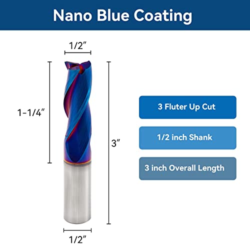 Spiral CNC Freze Uçları 1/2 inç Shank 3 inç Toplam Uzunluk 3 Flüt Kesim Nano Mavi Kaplama ile Katı Karbür kare uçlu
