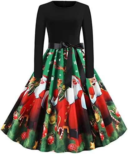Bayan Noel Partisi askı elbise 1950s Vintage Çay Elbiseler Noel Baskı Uzun Kollu O-Boyun Fermuar Parti Balo Elbise