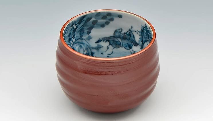 Kyo-yaki. Japon Sake guinomi kupası kırmızı sansui. Ahşap kutu. Porselen.