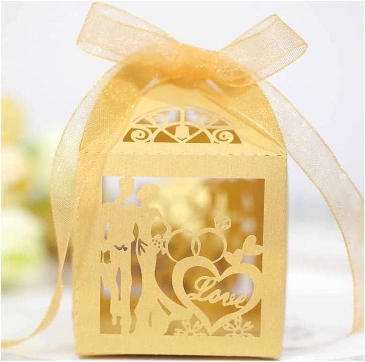Aeromdale Düğün Favor Kutuları Delikli Yüzük Gelin ve Damat Şeker şeritli kutular Konuk için Hediye Kutusu Düğün Parti-Altın