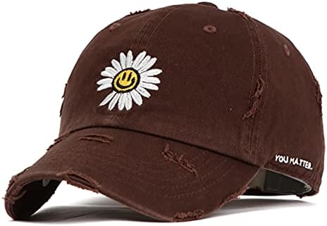 Flipper gülümseme yüz Papatya çiçek Vintage yıkanmış pamuk Yapılandırılmamış sıkıntılı baba şapka beyzbol şapkası
