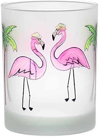 Menfez Tropikal Dekore Buzlu Çift Eski Moda Bardak Bardak, 13.5 Ons, Hediye Kutulu 2'li Set (Fedora Pembe Flamingolar)