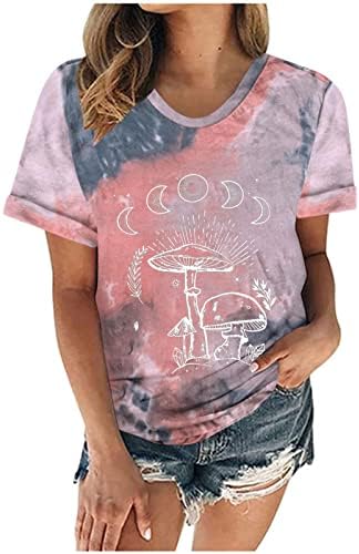 Kısa Kollu Tişörtleri Genç Kızlar için Ekip Boyun Ay Güneş Mantar Grafik Rahat Fit Kravat Boya gömlekler Kadın Rİ