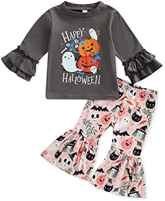 DOOLECK Toddler Bebek Kız Cadılar Bayramı Kıyafet Kabaklar Hayalet İskelet Gömlek Çan Dipleri Pantolon Kafa Bandı
