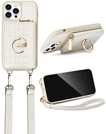Kadınlar için Kart Tutuculu iPhone 13 Pro Kılıf Cüzdan için CUSTYPE, Askılı Bilekli Crossbody Fermuarlı Kılıf, Apple