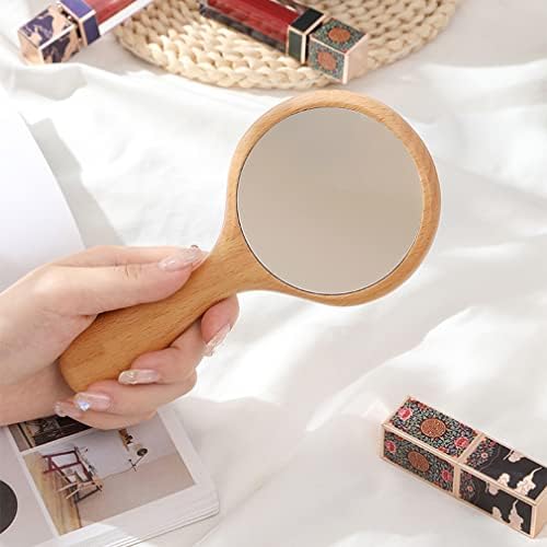 TOF & HAMY Küçük Saplı El Aynası Ahşap Çerçeve, Taşınabilir Tek Taraflı El Makyaj Aynası Sevimli, Saplı Seyahat El
