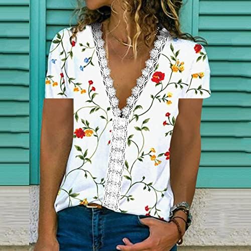 Kadın V boyun dantel Trim üst yaz rahat gevşek kısa kollu bluz gömlek zarif gömlek Tunik