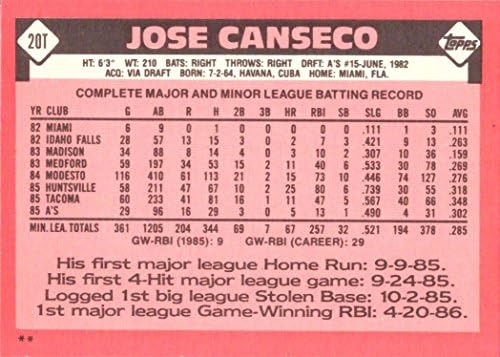 1986 Topps Beyzbol Ticareti Yaptı 20T Jose Canseco Çaylak Kartı