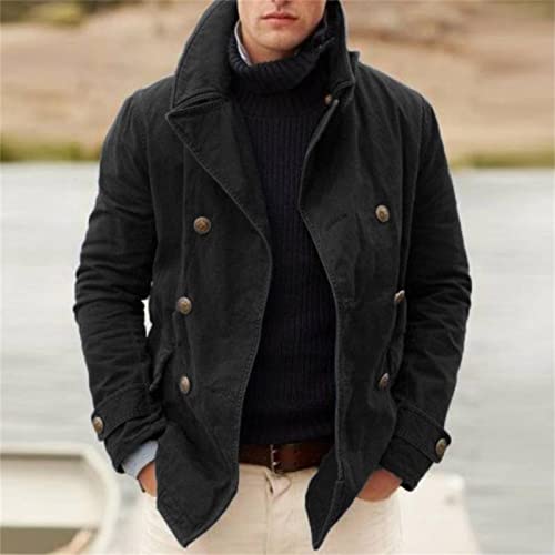 Erkekler Kruvaze Yaka Ceket Düz Renk Klasik Uzun Kollu Palto Çentikli Yaka Düğme Aşağı Trençkot (Siyah,Orta)