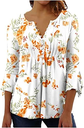 Bayan Üstleri Yaz Hawaii Gömlek Fırfır 3/4 Kollu Casual Bluz Vintage Bohemian Çiçek Baskı Henley güneş gömleği