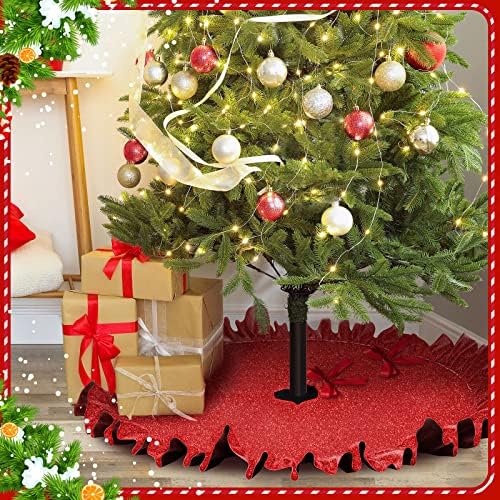 SKYLETY Glitter Kırmızı Noel Ağacı Etek Yuvarlak Ruffled Sınır Ağacı Yaka Pileli Ruffled Noel Mat Süsler için Kapalı