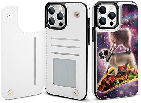 Gökkuşağı Uzay Lama Pug Sürme Taco ile Uyumlu iPhone 13 Pro Max Cüzdan Kılıf kart tutucu Kickstand Darbeye Dayanıklı