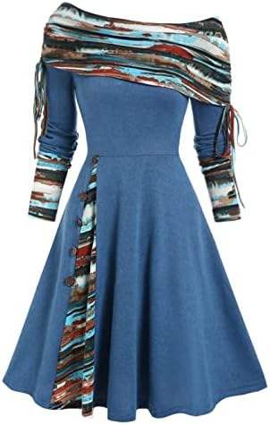 NOKMOPO Kazak Elbise Kadınlar için Cabrio Boyun Cinched Çizgili Flare bir çizgi elbise Uzun Kollu Elbise Kadınlar