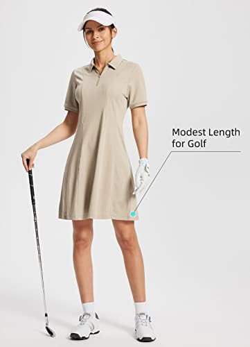 BALEAF kadın Lyocell Golf Elbise Kısa Kollu polo gömlekler Elbise Golf Giyim Diz Boyu Cepler Çeyrek Zip UPF 50+