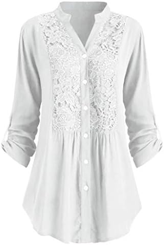Düğme Dantel Patchwork Kadınlar Bayanlar için Haddelenmiş Kollu T Gömlek V Boyun Bluzlar Longline Tunik Boy Bluzlar