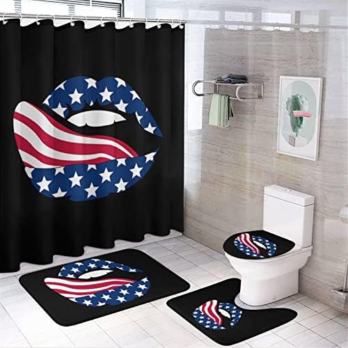 Amerikan Bayrağı Dudaklar Dört Parçalı Banyo Seti Paspas U Şeklinde Halı Tuvalet Kapağı Duş banyo perdesi Dekor Seti