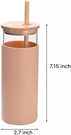 Minichef 18 oz Cam Bardak Bambu Kapaklı Ve Saman Suyu Bardağı Silikon Kol Cam Su Şişesi-BPA İçermez (Pembe)