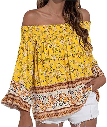 Kadınlar için Omuz Üstleri kapalı 3/4 Çan Kollu Yaz Vintage Bohemian Tshirt Plaj Rahat Çiçek Tunik Bluz Tops