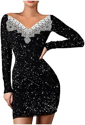 FQZWONG Siyah Sparkly Elbiseler Kadınlar için V Boyun Soğuk Omuz Bodycon Mini Elbise