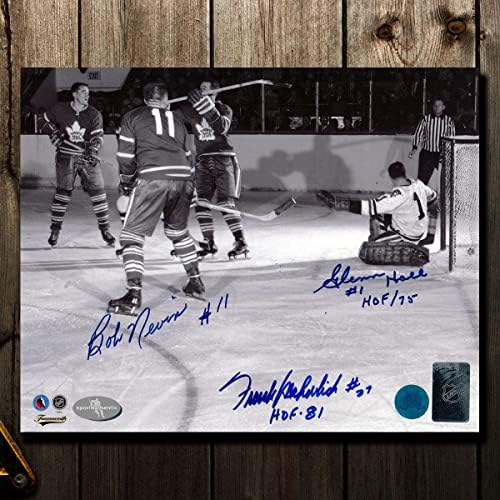 Frank Mahovlich ve Bob Nevin vs. Glenn Hall Üçlü İmzalı 8x10 Fotoğraf İmzalı NHL Fotoğrafları