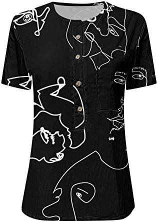 NOKMOPO kadın yazlık t-shirt Üst Rahat Moda Pamuk Keten Baskılı Düğme Yaka Kısa Kollu Gömlek Tops Cep ile