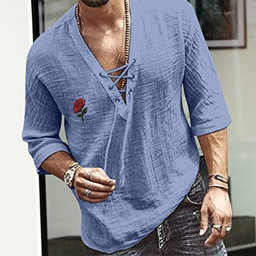 BEİBEİA erkek V Boyun Dantel-up Henley Gömlek, güz Pamuk Keten Kelebek İpli Uzun Kollu Casual Tee Tops Mens için