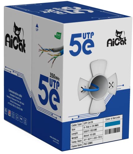 Aıcat Cat5e Ethernet Kablosu 500ft - 24 AWG, CMR, ETL, Yalıtımlı Topraklar Çıplak Bakır Tel İnternet Kablosu ile FastReel