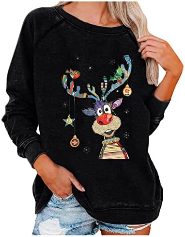 Kadın Noel Ren Geyiği Tişörtü Komik Sevimli Grafik Gömlek Büyük Boy Crewneck Uzun Kollu Kazak Tops