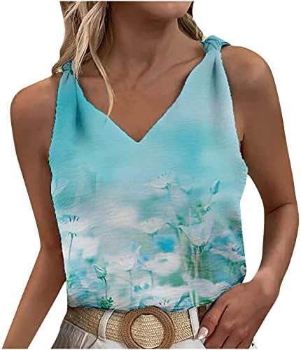 Çiçek Tankı Üstleri Kadın V Boyun Temel Düğüm Askısı Üstleri Yaz Moda Kolsuz Gevşek Fit Gömlek Tunik Üst Bluzlar
