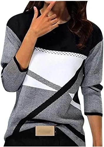 Rahat T Shirt Kadın Kadın Moda Rahat O Boyun Geometrik Renk Blok Baskı Uzun Kollu Üst Uzun Streç Tops