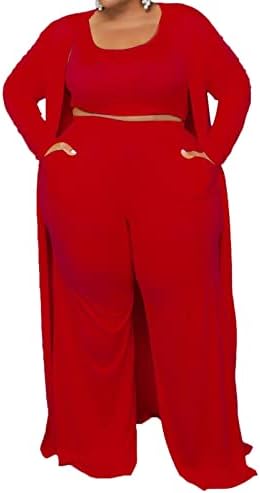 Kadın Artı Boyutu Hırka Tankı Kırpma Üst ve Geniş Bacak Uzun Pantolon Tulum tulum takımı 3 Parça Setleri Kıyafet