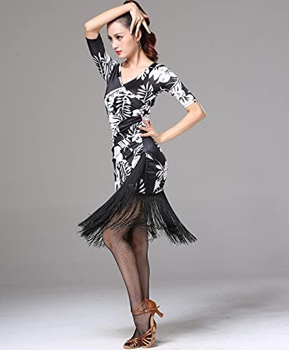 Badanalı Saçak Şal Latin Salsa Tango dans elbiseleri V Yaka Anahtar Deliği Giyim Kollu