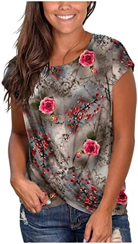 Kısa Kollu T Shirt kadın Yuvarlak Boyun Yaz Üstleri Çiçek Baskılı T Shirt Gömme Tunik Üstleri Rahat Şık Bluzlar