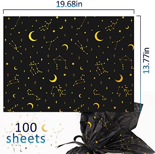 MR BEŞ 100 Yaprak Galaxy Kağıt Mendil Toplu, 20 x 14,Hediye Çantaları için Altın Ay ve Yıldız Kağıt Mendil ile Siyah,