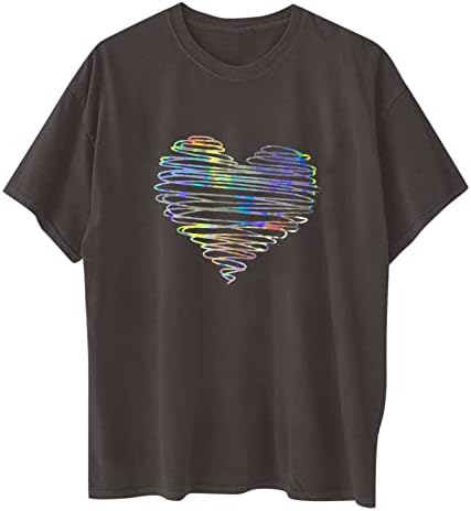 Sevgililer Günü Tişörtleri Kadınlar için Renkli Sevgilisi Kalp Baskı Gömlek Tops Casual Gevşek Crewneck Kısa Kollu