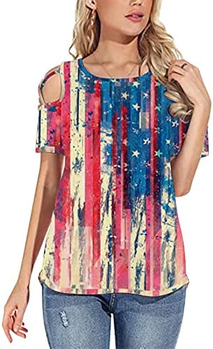 NEARTİME Kadın Bluz Amerikan Bayrağı Baskı Gömlek Strappy Soğuk Omuz T-Shirt Yaz Moda Kısa Kollu Üstleri