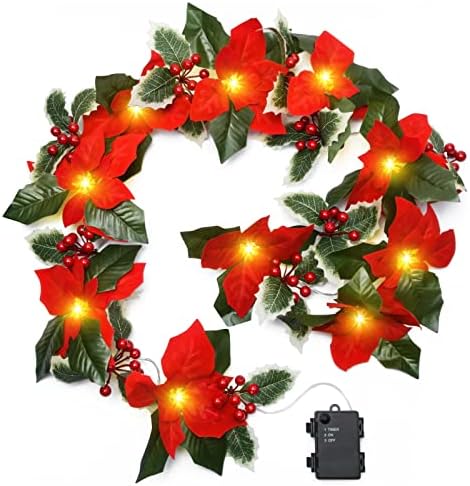 Işıklı Noel Çelenk, 10 LED'li 6.89 FT Atatürk Çiçeği Çelenk, 10 Kırmızı Çilek ve 10 Kutsal Yaprak, Manto için Açık