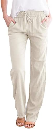 ETHKIA kadın Keten Pantolon Geniş Bacak Elastik Bel Salonu Pamuk Keten İpli Pantolon Cepler ıle yürüyüş pantolonu
