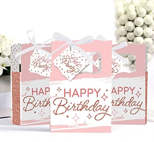 Büyük Nokta Mutluluk Pembe Gül Altın Doğum Günü-Mutlu Doğum Günü Partisi Favor Kutuları-12 Set