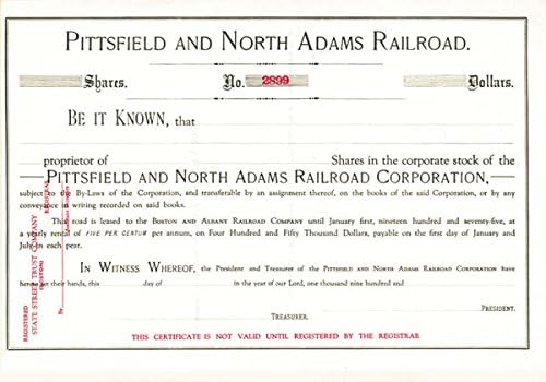 Pittsfield ve North Adams Demiryolu-Yayınlanmamış Hisse Senedi Sertifikası