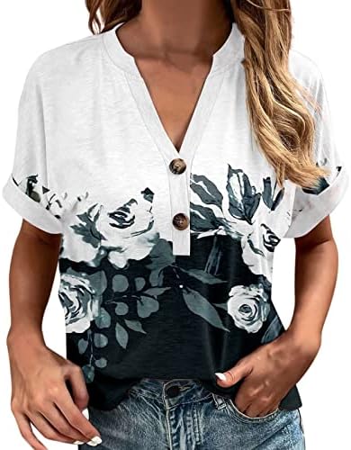Pamuk ve Spandex Üstleri Bayan Baskı Kısa Kollu Üstleri Yaz Düğmesi V Boyun T Shirt Gevşek Bluzlar V Moda