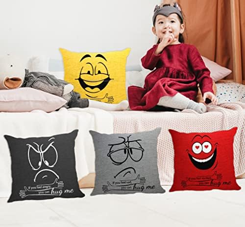 COSHAYSOO Komik Duygular Atmak Yastık Kapakları Çocuklar için 18x18 İnç 4 Set, renkli Duygu Meme İlham Dekoratif Yastık