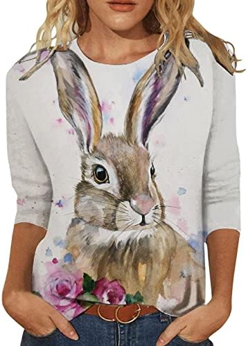 Paskalya Gömlek Kadınlar için Yaz 3/4 Kollu T Shirt Casual Tops Moda Gevşek Çiçek Baskı Tunik Tees Tops