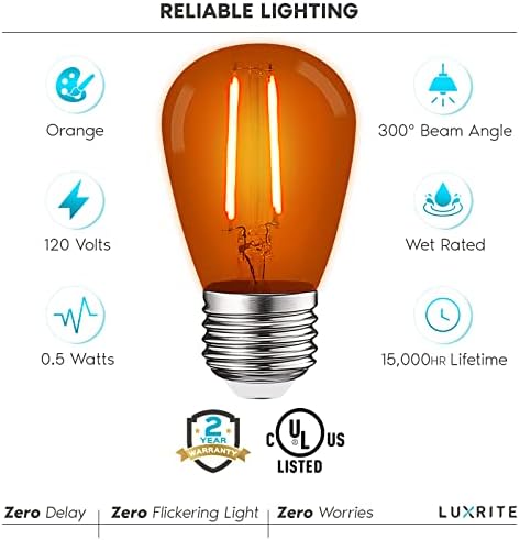 LUXRİTE 12-Pack S14 Edison LED turuncu ampul, 0.5 W, dış mekan dize ışıkları için renkli LED ampuller, UL listeli,