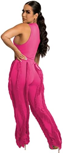 2 Parça Kıyafetler Kadınlar için Seksi Katı Kolsuz Tankı Üstleri Saçak Püskül İpli Uzun Pantolon Tulumlar Setleri