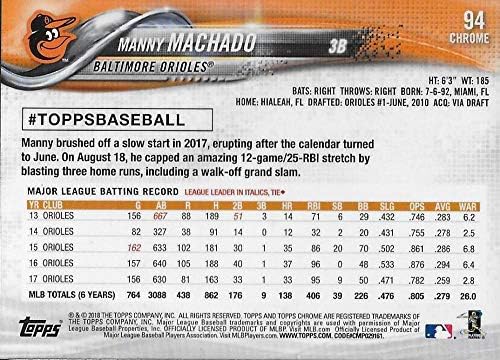 2018 Topps Krom 94 Manny Machado Baltimore Orioles Beyzbol Kartı-GOTBASEBALLCARDS