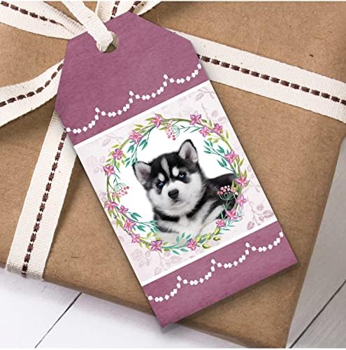 Sibirya Husky Köpek Pembe Çiçek Doğum Günü Hediyesi Favor Hediye Etiketleri
